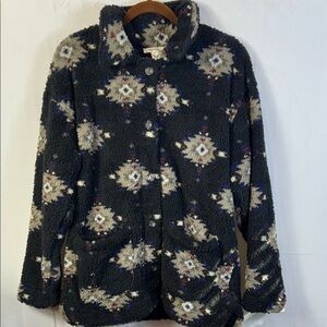 JohnPaulRichard Black and Gray Sherpa like Jacket Aztec Print Pockets Sz Medium